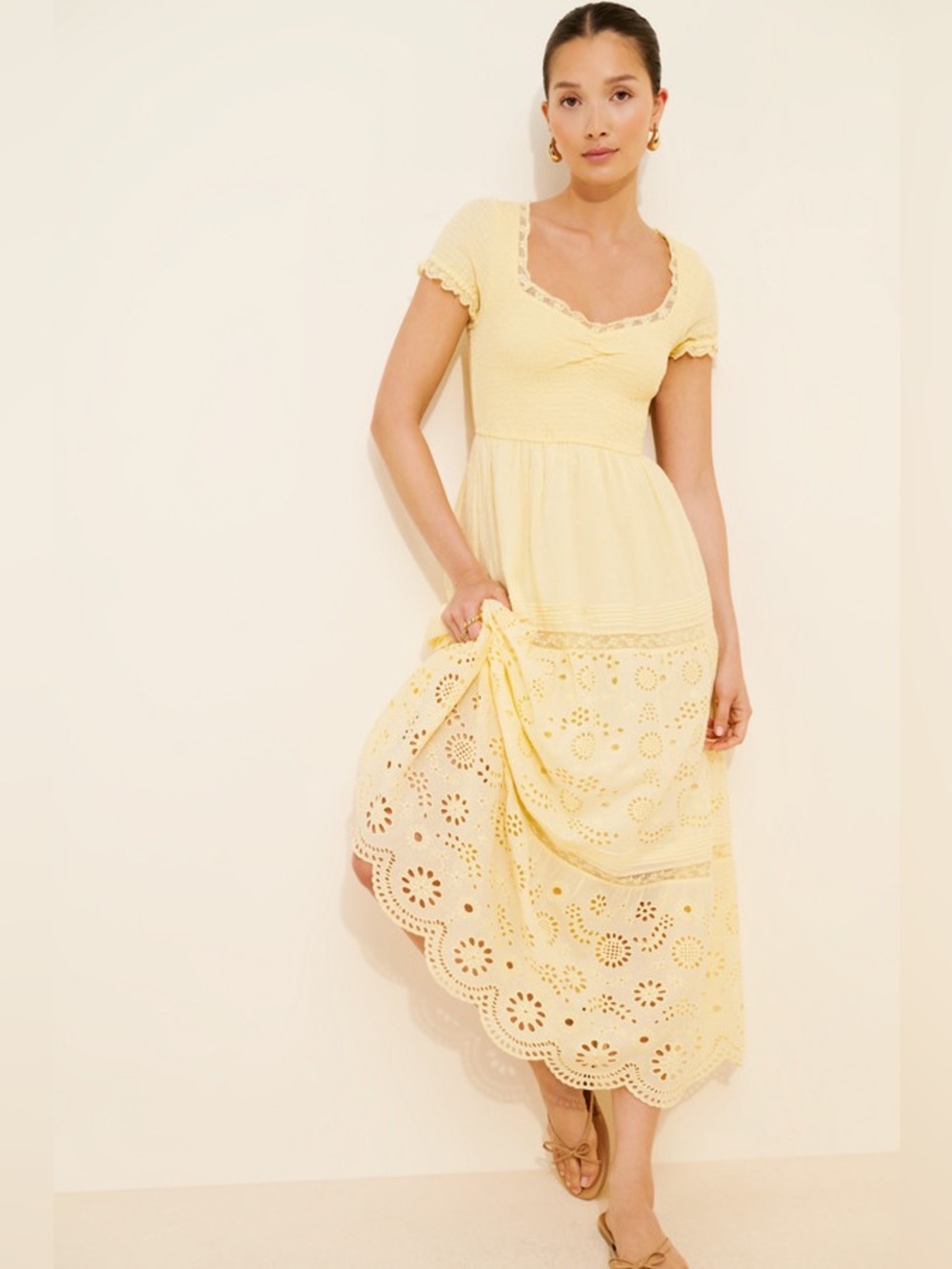 LoveShackFancy Bisolet Embroidered Maxi Dress Flowy Lace Yellow Citron XS